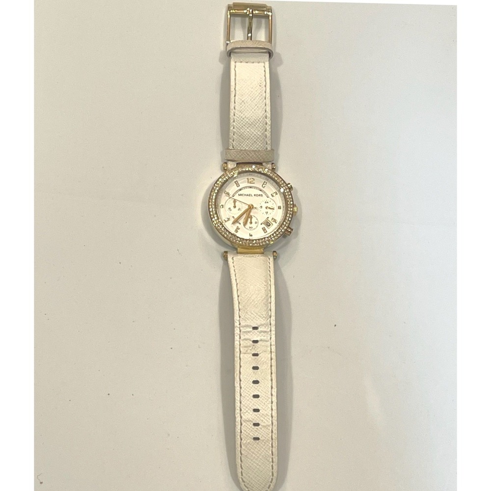 Michael Kors Parker MK-2290 Gold Tone White Leather Crystal Chronograph‎ Watch
